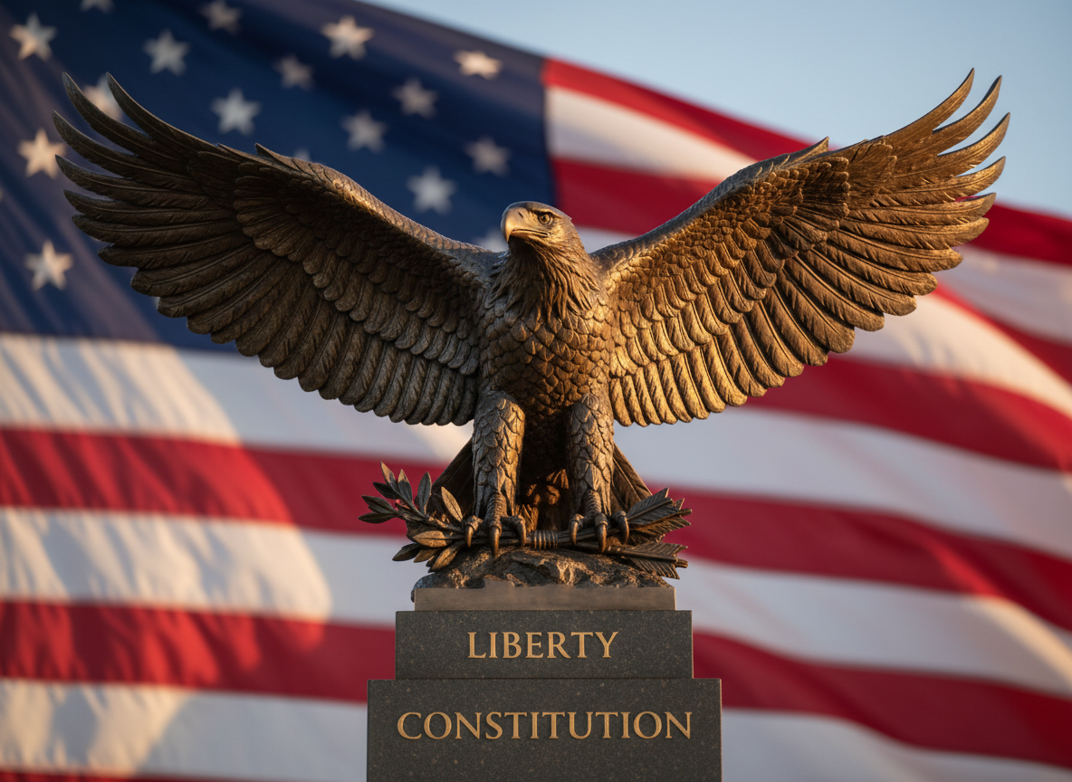A solid bronze American bald eagle statue with meticulously detailed feathers and a powerful, outstretched wingspan, clutching a finely sculpted olive branch and arrows in its talons. The statue stands atop a dark granite pedestal engraved with the words “Liberty” and “Constitution” in sharp, serif lettering. It is positioned before a large, unfurled American flag backdrop with vivid red, white, and blue fabric folds. Dramatic, golden hour lighting from the right creates strong highlights on the metallic surfaces and deep, resolute shadows across the base. Photographed at a slightly low angle with a centered, photographic realism composition, the mood is bold, patriotic, and unwavering, with a shallow depth of field softly blurring the flag to emphasize the eagle as the symbol of conservative strength and freedom.